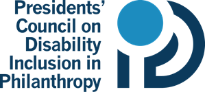 Presidents' Council on Disability Inclusion in Philanthropy logo with bold text right justified and stacked in three lines. A letter mark to the right spans the height of the text. It combines the letter D, with an I and P inside, with a large circle as the dot of the I in the top corner.